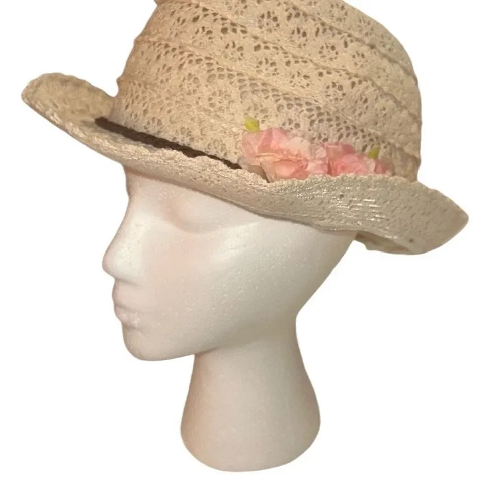 Claire's Girls Cream Pink Side Silk Flower Braided Rope Lace Fedora Hat One Size